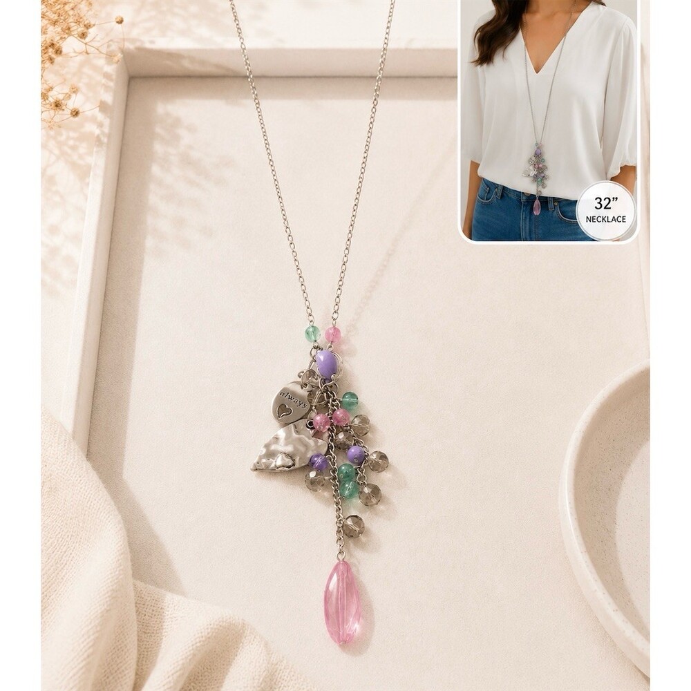 Long Necklace 32in Silver Tone Heart Charm Cluster Always Pink Drop cute tassel